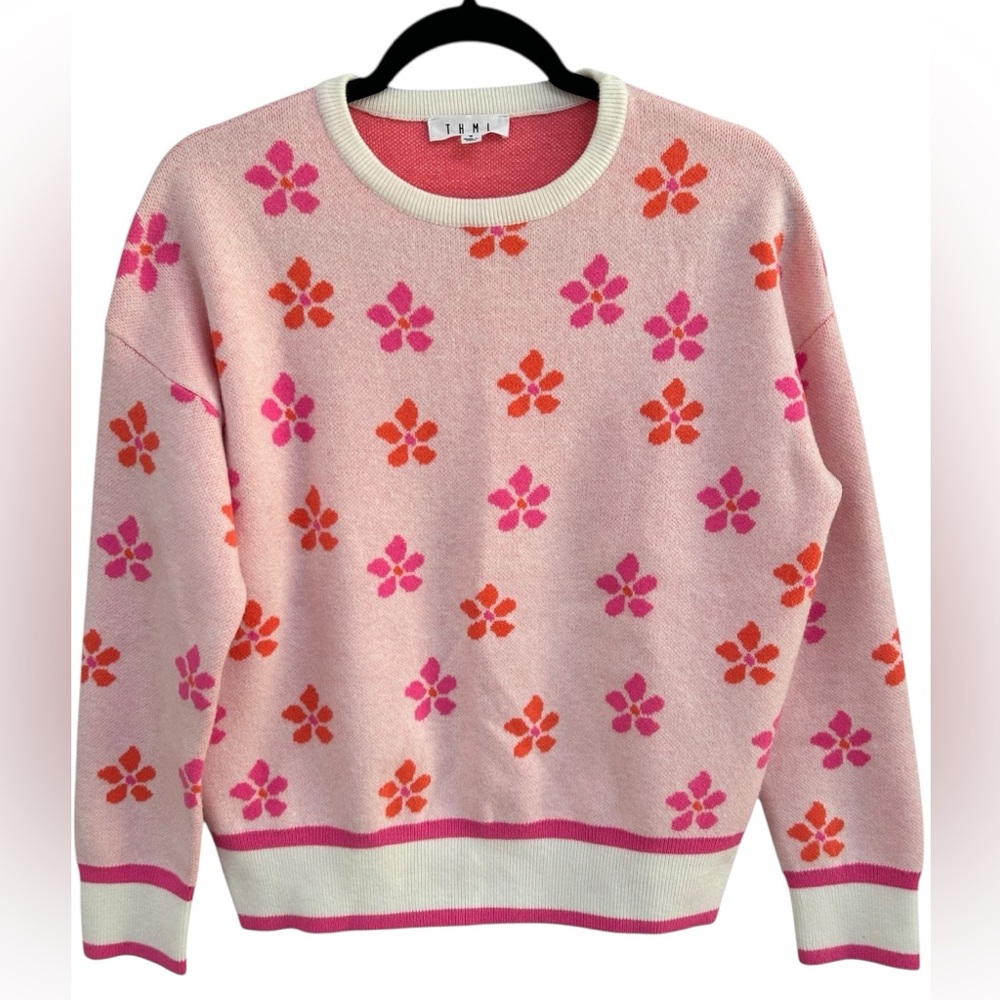 THML Women’s White‎ Orange Pink Retro Flower Jacquard Crew Neck Sweater Small